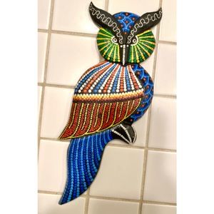 Psychedelic wood owl wall hang decor 60’s 70’s hand painted orange blue green